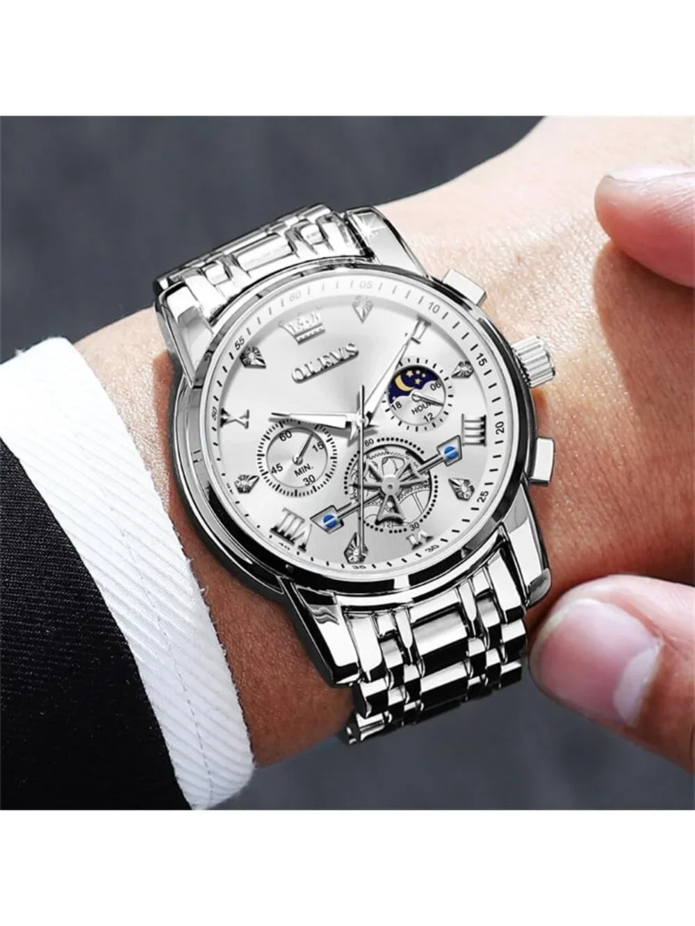 Men's All silver Stainless Steel Waterproof Big Face Multifunction  Wrist Watch